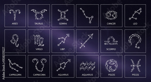 Collection of Zodiac Constellations and Symbols on a Dark Background.