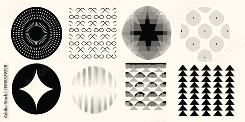 Abstract geometric patterns featuring circles lines and varying shades of gray