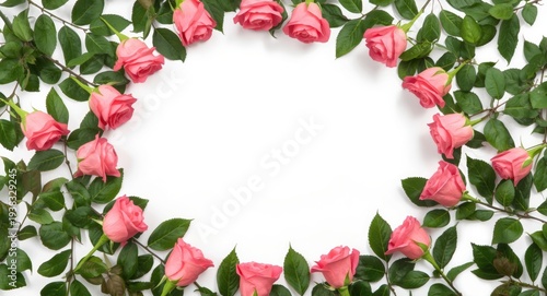 Circular arrangement of pink roses and green leaves on a white backdrop with copy space
