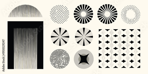 Abstract geometric patterns circles arcs and linear designs in black and gray