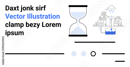 Text elements, a blue and black hourglass, abstract urban landscape, and smart city icons. Ideal for web design, time management, technology, urban planning, environmental themes, placeholders
