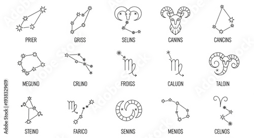 Collection of Zodiac Constellations and Symbols Hand Drawn Style.