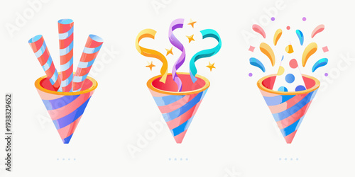 Festive party poppers with colorful ribbons and confetti exploding
