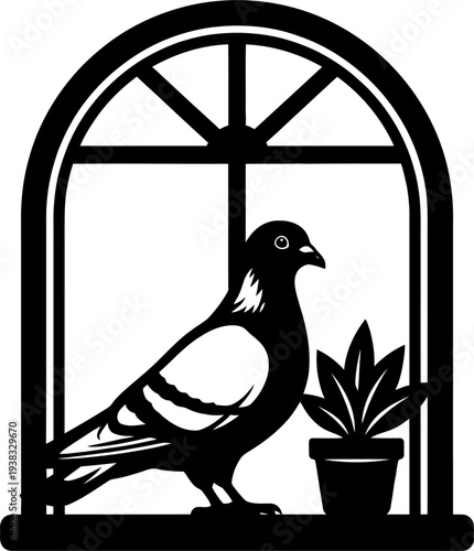 Pigeon on windowsill with arched window and potted plant