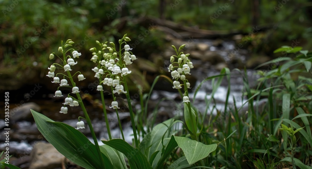 Fototapeta premium Beautiful lily of the valley flowers blooming along a mountain stream in a verdant setting