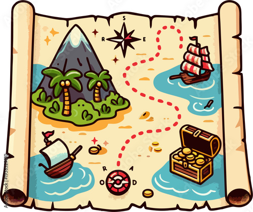 Pirate Treasure Map Cartoon Illustration on Parchment Scroll with Island, Ships, Compass Rose, Dotted Route and Treasure Chest
