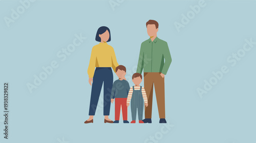 Minimalist vector illustration of a family of four on a light blue background