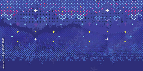 Pixelated landscape with silhouetted trees and a starry night sky