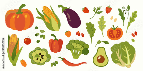 Colorful assortment of fresh vegetables and fruits in a flat lay style