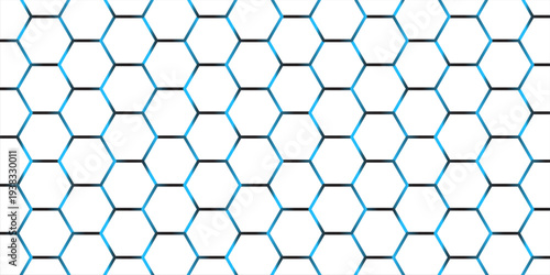 White 3d hexagonal technology vector abstract background. Blue bright energy flashes under hexagon in modern technology futuristic background vector illustration. White honeycomb texture grid.