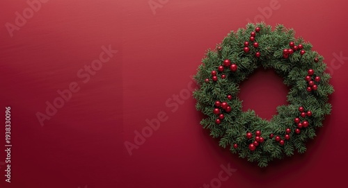 Christmas-themed handmade wreath positioned on a deep red background for copy space use
