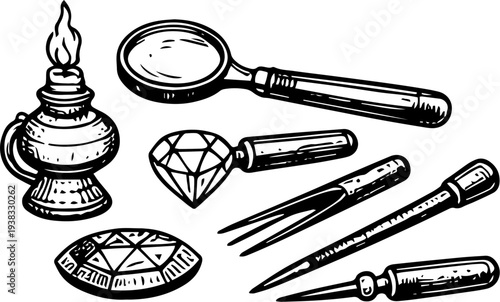 Vintage Woodcut Diamond Mining Tools Jeweler Loupe Illustration