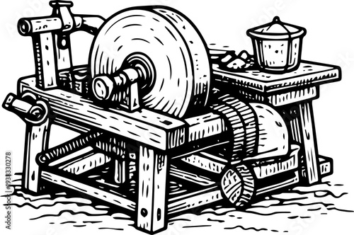 Antique Foot Powered Grindstone Wheel Illustration