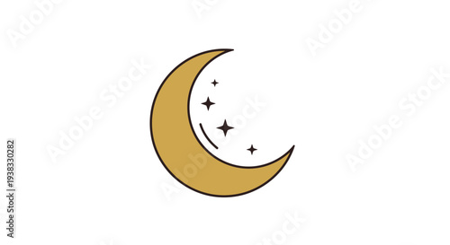 Golden crescent moon with stars.