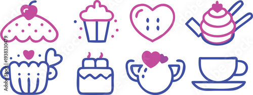 A collection of brightly colored linear dessert and confectionery icons on a plain white background