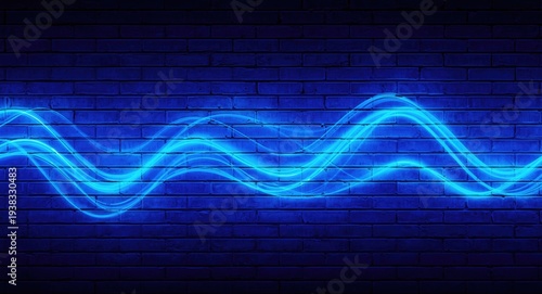 Bright neon blue brick wall with dynamic color gradient wave pattern