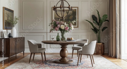 Dining room interior showcasing a circular table with a floral vase and stylish chair