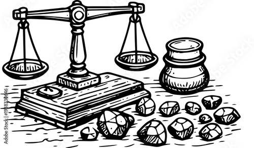Vintage Woodcut Gold Assay Balance Scale Nuggets Ore Illustration