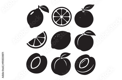 Black and white citrus fruit icons arranged in a grid pattern