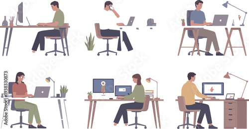 Vector illustration of people working at desks with laptops and office supplies from various viewpoints