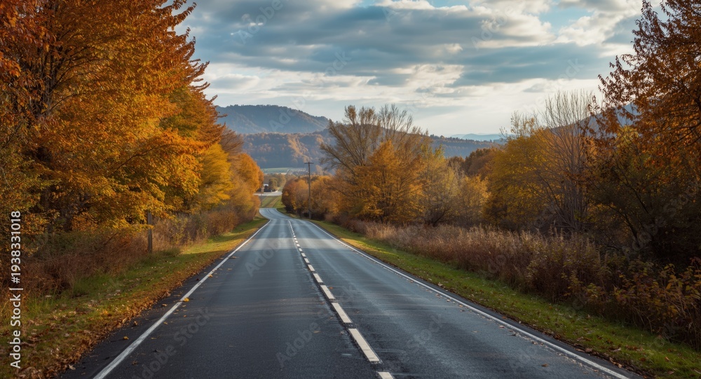 Fototapeta premium Calm autumn countryside scene with a quiet road surrounded by vibrant fall foliage and peaceful views