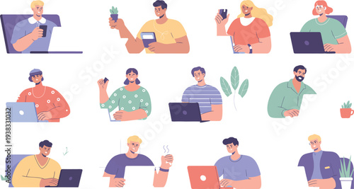 People working on laptops in a relaxed environment, showcasing various office activities and casual work styles from a top-down viewpoint