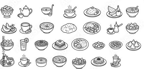 29 liner icon for iftar menu and traditional ramadan food featuring dates soup tea and middle eastern dishes.