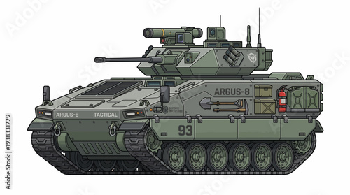 A detailed illustration of an American military M1 Abrams tank with armored technology, featuring a soldier-operated gun turret and tracks, standing ready for transport