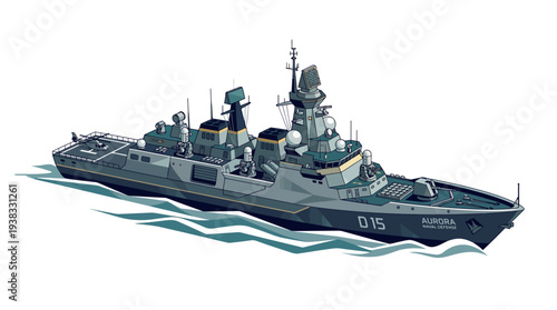 An armored military ship with advanced technology and weaponry sails through calm waters against a clean white background