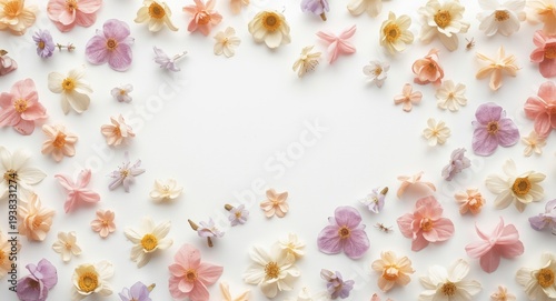 Delicate pastel flowers arranged in a circular pattern on a white background with varied petal shapes