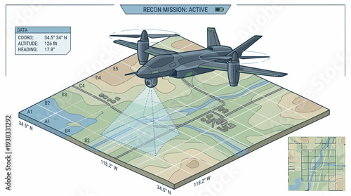 A dark gray military drone model on a topographical map with blue grid lines, conveying a sense of security and technology