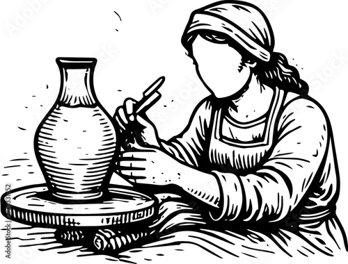 Vintage Woman Potter Decorating Clay Vase Woodcut