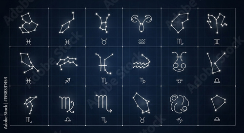 Collection of Zodiac Constellations and Symbols on Dark Background.