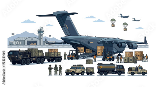An American military transport plane and various armored vehicles with soldiers standing nearby, conveying a sense of security and protection on a bright day