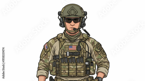 An American military soldier wearing a helmet and sunglasses stands ready in a camouflage uniform with a stern expression