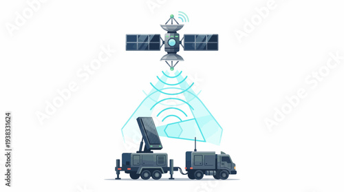 A military satellite communicates with a mobile command center and armored vehicle for secure transportation and protection