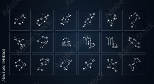 Collection of Zodiac Constellations and Symbols on Dark Background.