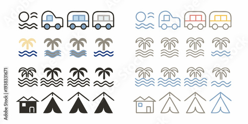Stylized icons depicting transportation trees waves and houses