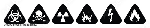Hazard Warning Icons Set – Biohazard, Toxic, Radiation, Explosion, Electric Shock and Flammable Symbols in Black Triangle Safety Signs
