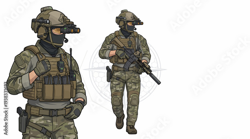 Two American military soldiers in camouflage gear and helmets with night vision, one holding a rifle, standing in a tactical stance