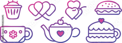 A collection of brightly colored minimalist line art icons depicting food and romantic elements high quality