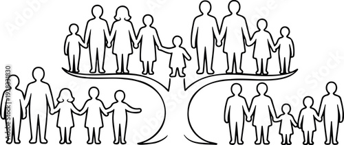 Outline of family tree with multiple generations holding hands, depicting unity and strong connections