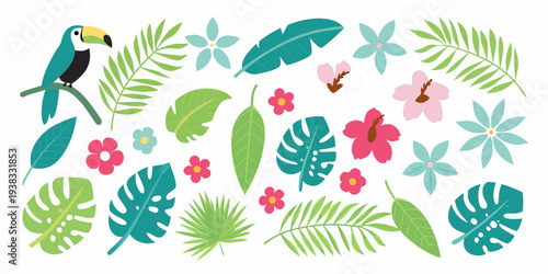 Colorful toucan illustration surrounded by tropical leaves and vibrant flowers