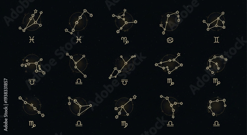 Collection of Zodiac Constellations and Symbols on Dark Background.