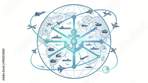 A detailed illustration of a globe with various transportation modes and connections in blue lines and icons on a white background