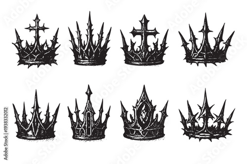 Ornamental row of regal, gothic crowns are isolated on a white background in a rough, sketched style, creating a vintage, royal, and powerful mood.