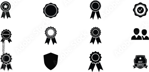 Set of 12 award icons vector, black on white background