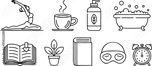 Self care and wellbeing outline set with yoga pose, coffee cup, lotion, bathtub, open book, plant, eye mask, alarm clock