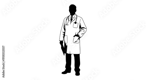 Doctor Silhouette in Lab Coat with Stethoscope and Clipboard