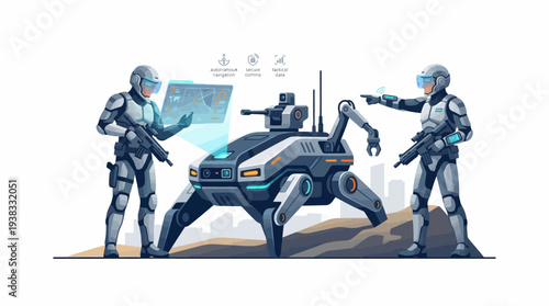 Two American military personnel in futuristic armored suits standing with a robotic transport vehicle and guns in a security operation